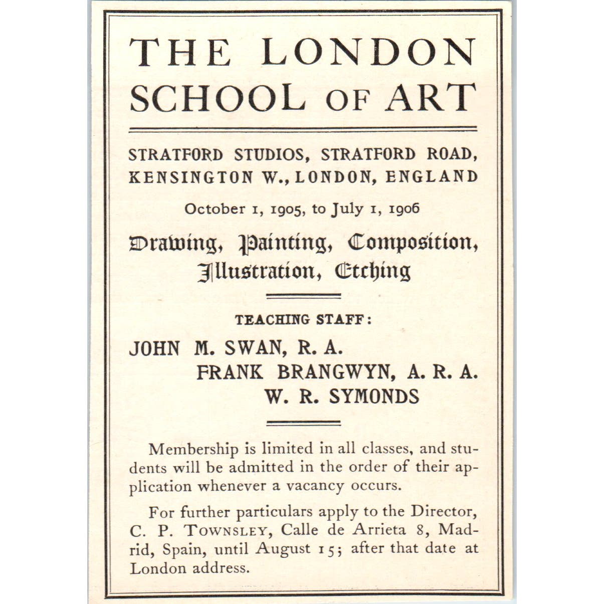 The London School of Art John M. Swan Frank Brangwyn c1905 Victorian Ad AE9-MA8