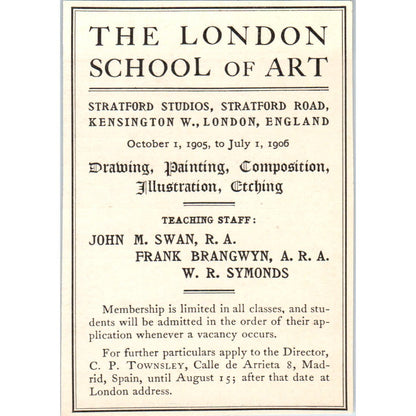 The London School of Art John M. Swan Frank Brangwyn c1905 Victorian Ad AE9-MA8