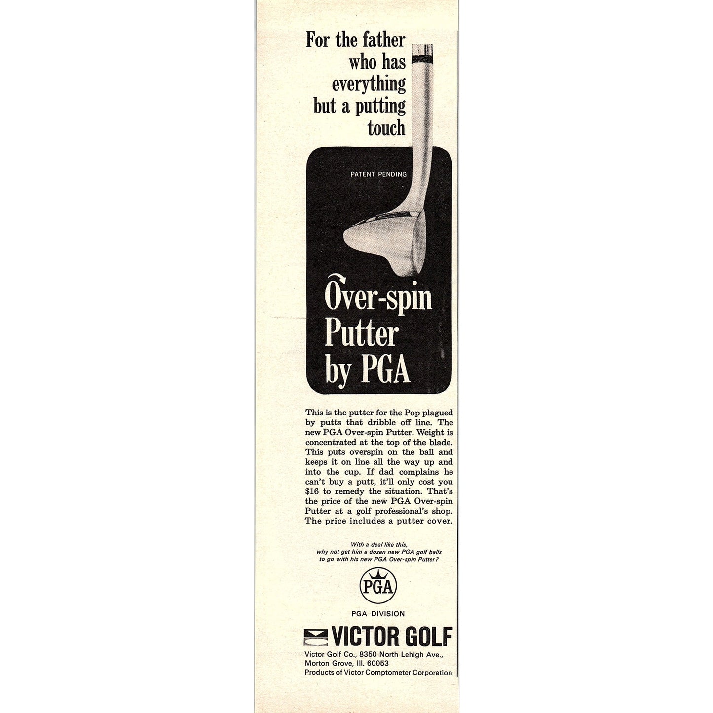 PGA Over-Spin Putter Victor Golf Morton Grove IL 1967 Ad AG2-1