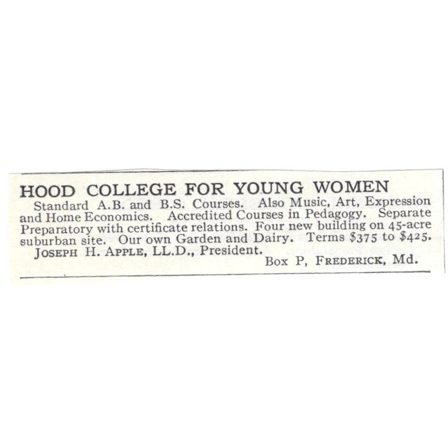 Hood College for Young Women Joseph H. Apple Frederick MD c1918 Advert AE5-SA8