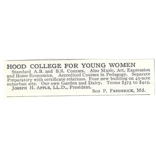 Hood College for Young Women Joseph H. Apple Frederick MD c1918 Advert AE5-SA8