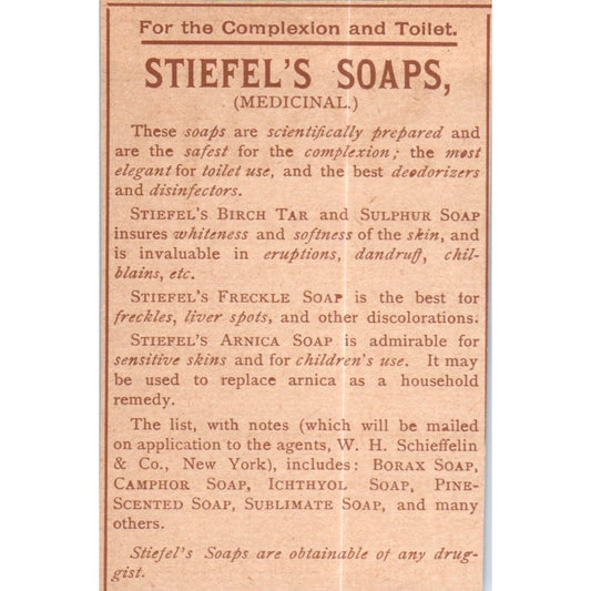 Stiefel's Medicinal Soaps W.H. Schieffelin & Co NY c1890 Victorian Ad AE8-CH6