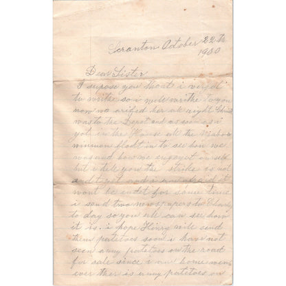 1900 Handwritten Letter Mary Schneikert Lackawanna County - Scranton AB6-OD1