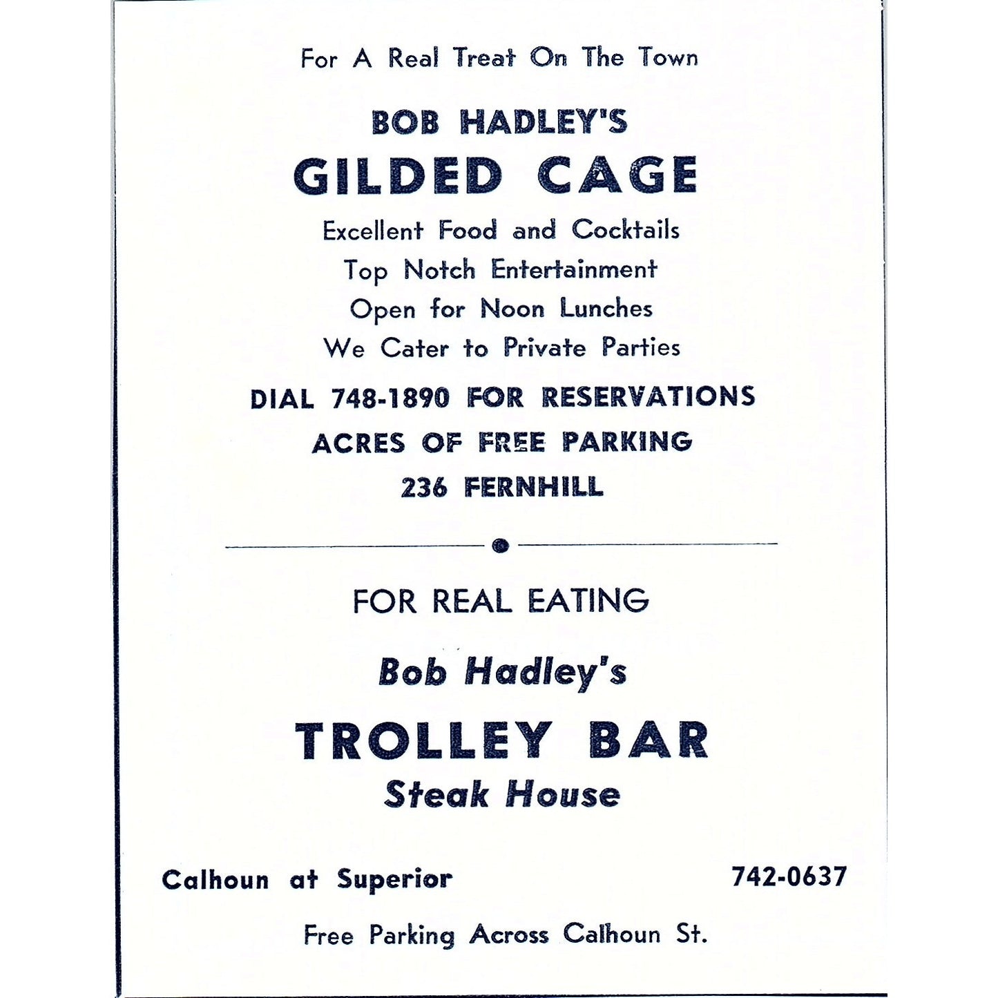 Bob Hadley's Gilded Cage, Trolly Bar Restaurant Fort Wayne Indiana 1964 Ad AG1-9