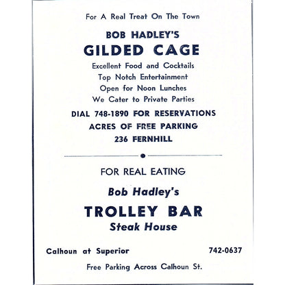Bob Hadley's Gilded Cage, Trolly Bar Restaurant Fort Wayne Indiana 1964 Ad AG1-9