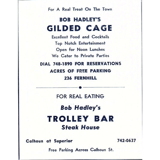 Bob Hadley's Gilded Cage, Trolly Bar Restaurant Fort Wayne Indiana 1964 Ad AG1-9