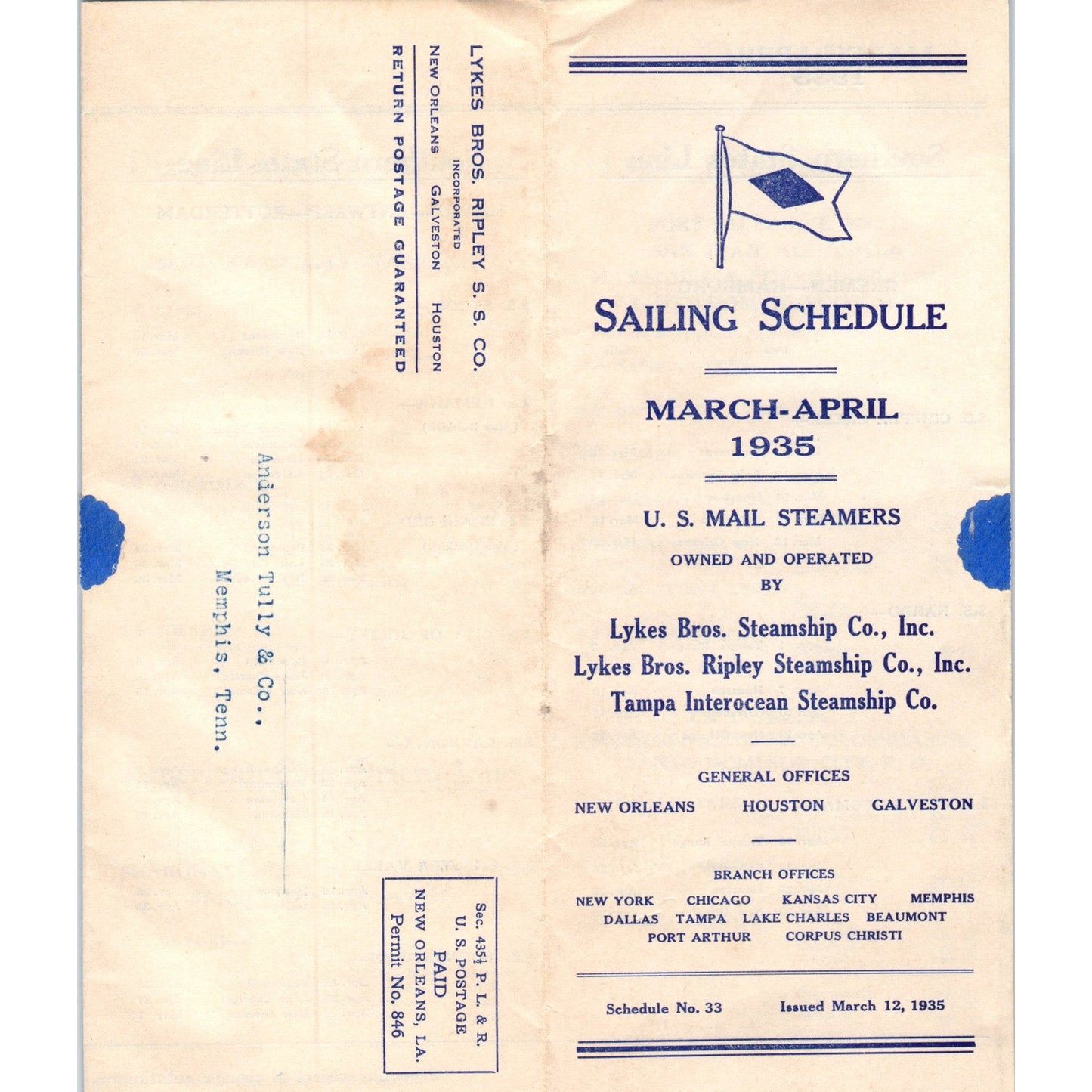 1935 Lykes Bros. Steamship Co U.S. Mail Steamers Sailing Schedule TH2-O2