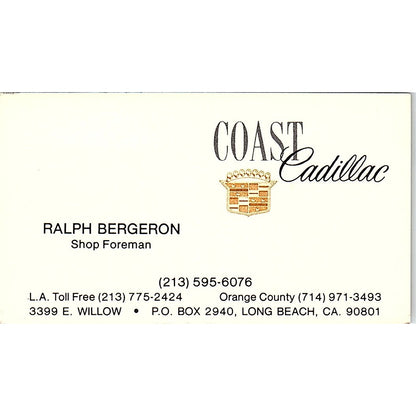 Coast Cadillac Ralph Bergeron Long Beach Vintage Business Card SD9-B11