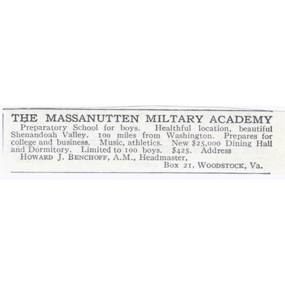 Massanutten Military Academy Howard J. Benchoff Woodstock VA c1918 Ad AE5-SA8