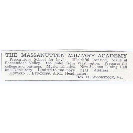 Massanutten Military Academy Howard J. Benchoff Woodstock VA c1918 Ad AE5-SA8