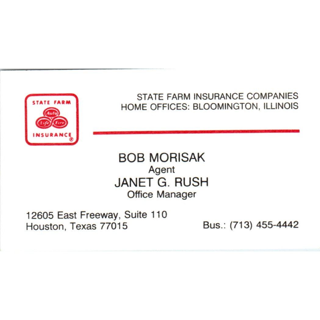 Bob Morisak Janet G. Rush State Farm Ins Houston Vintage Business Card SD8-B21