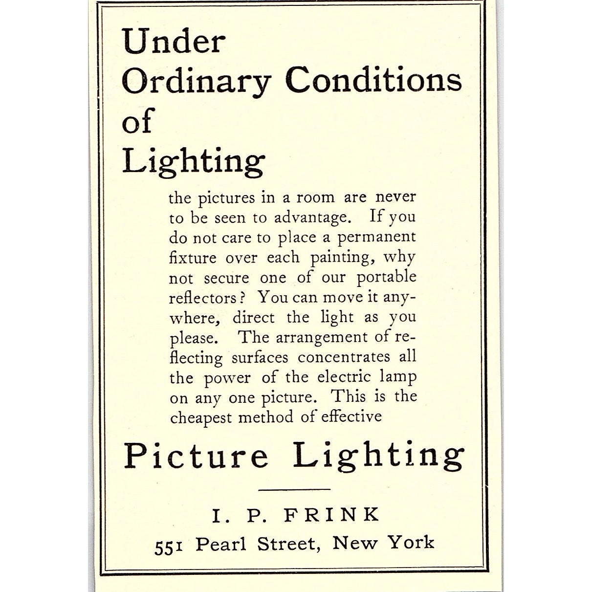 I.P. Frink Picture Lighting 551 Pearl St. New York - 1908 Ad AF4-8