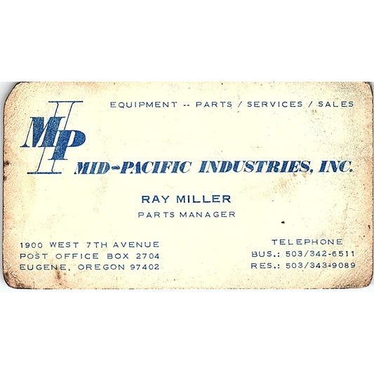 Mid-Pacific Industries Inc Ray Miller Eugene Oregon Vintage Business Card SB4-B4