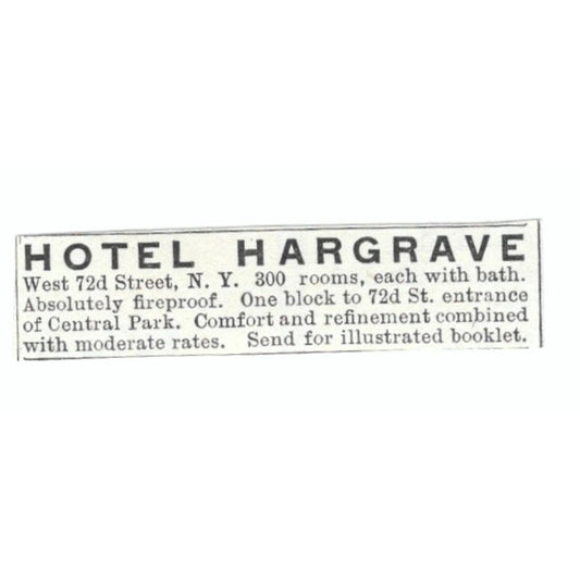 Hotel Hargrave Central Park NY c1918 Original Advertisement AE5-SV5