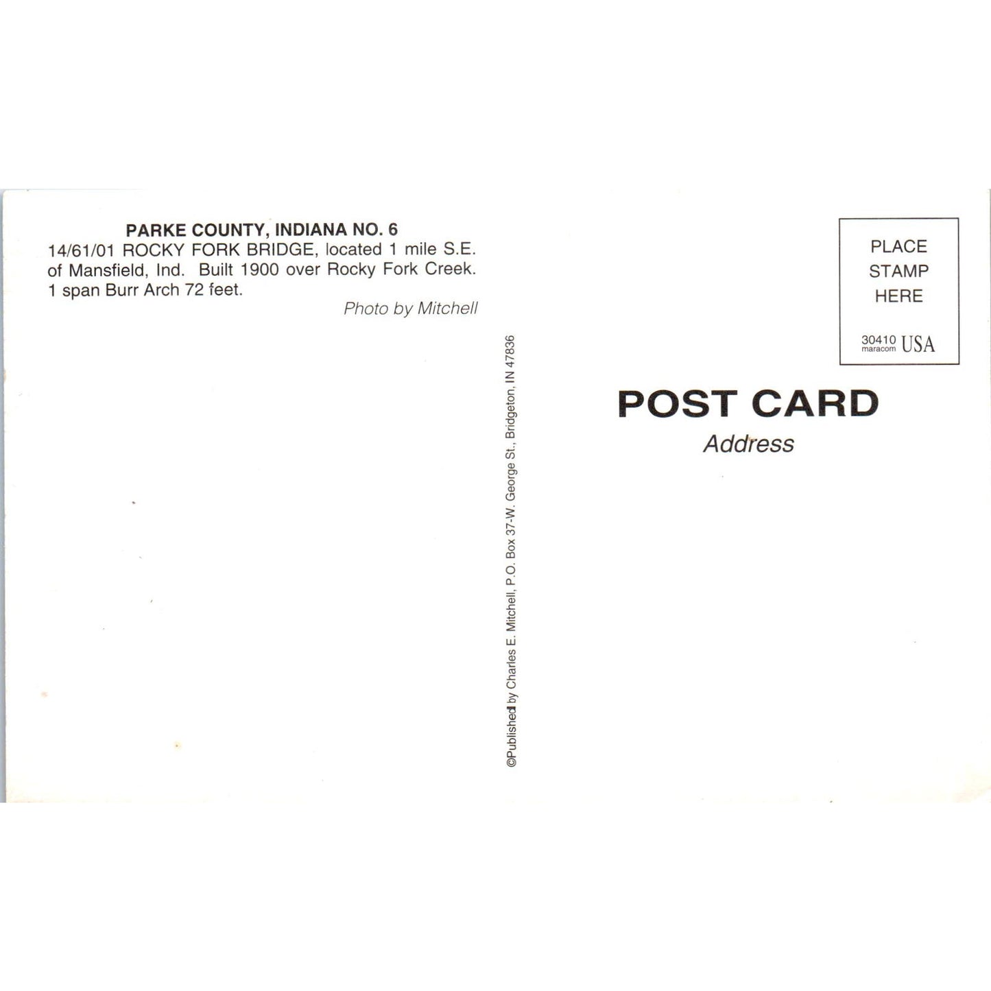Rocky Fork Bridge Parke County 6 Mansfield IN Covered Bridge Postcard PC15