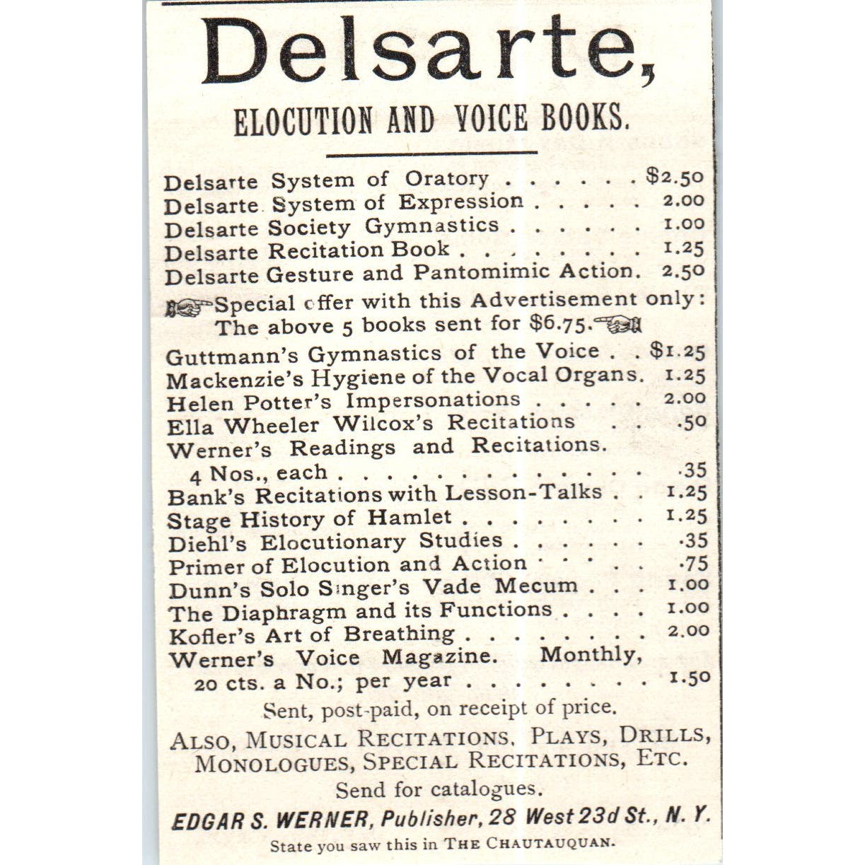 Delsarte Elocution & Voice Books Edgar S. Werner NY c1890 Victorian Ad AE8-CH5