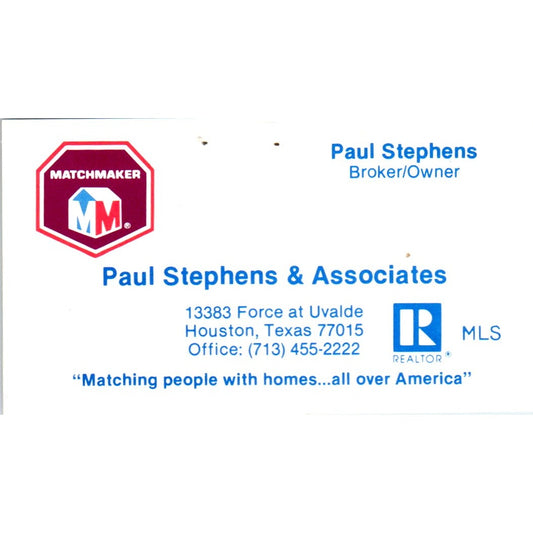 Paul Stephens & Associates Realtor Houston TX Vintage Business Card SD8-B2