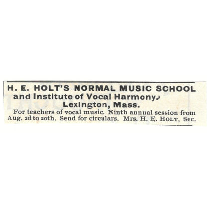 H.E. Holt's Normal Music School Lexington MA c1890 Victorian Ad AE9-CH3