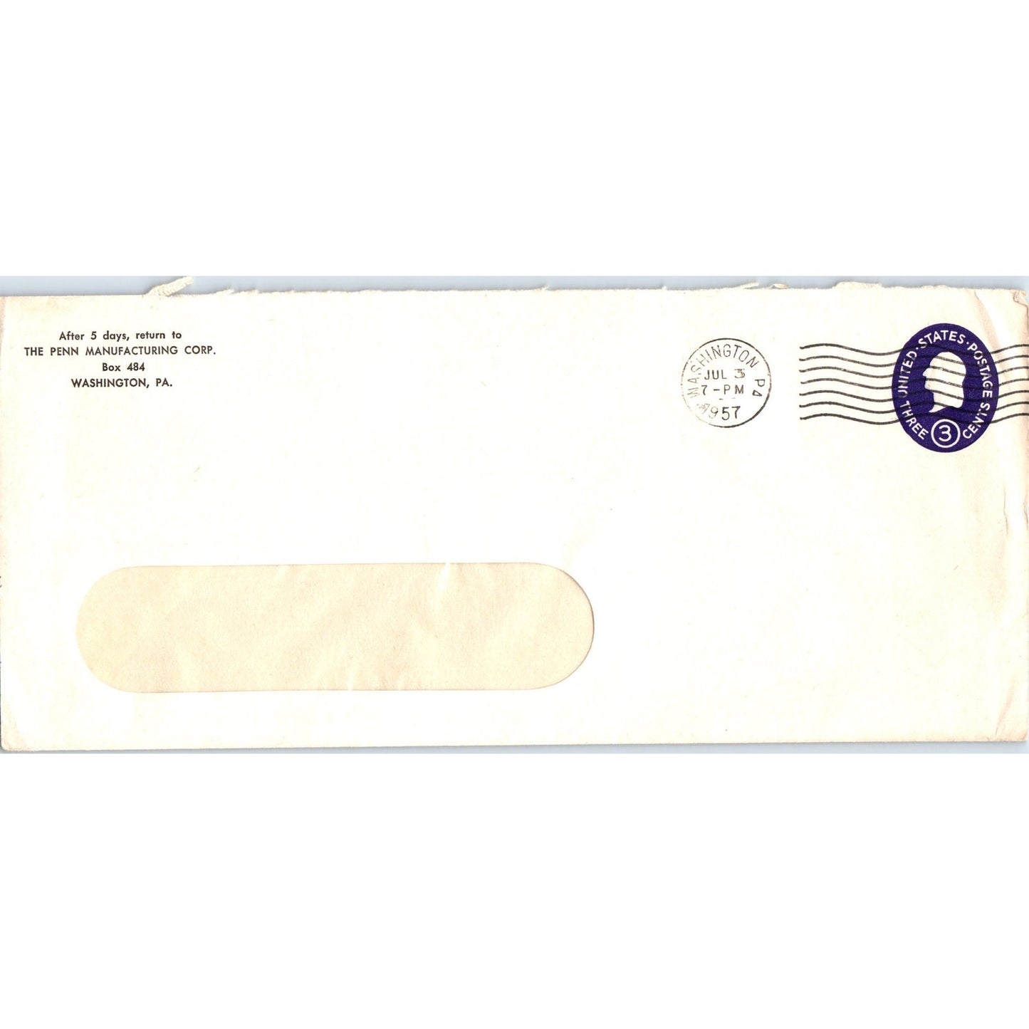 1957 The Penn Manufacturing Corp Washington PA Postal Cover Envelope TH9-L2