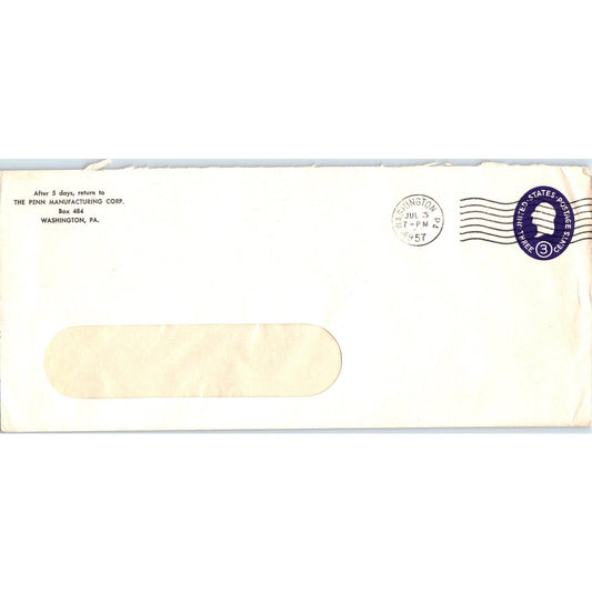 1957 The Penn Manufacturing Corp Washington PA Postal Cover Envelope TH9-L2