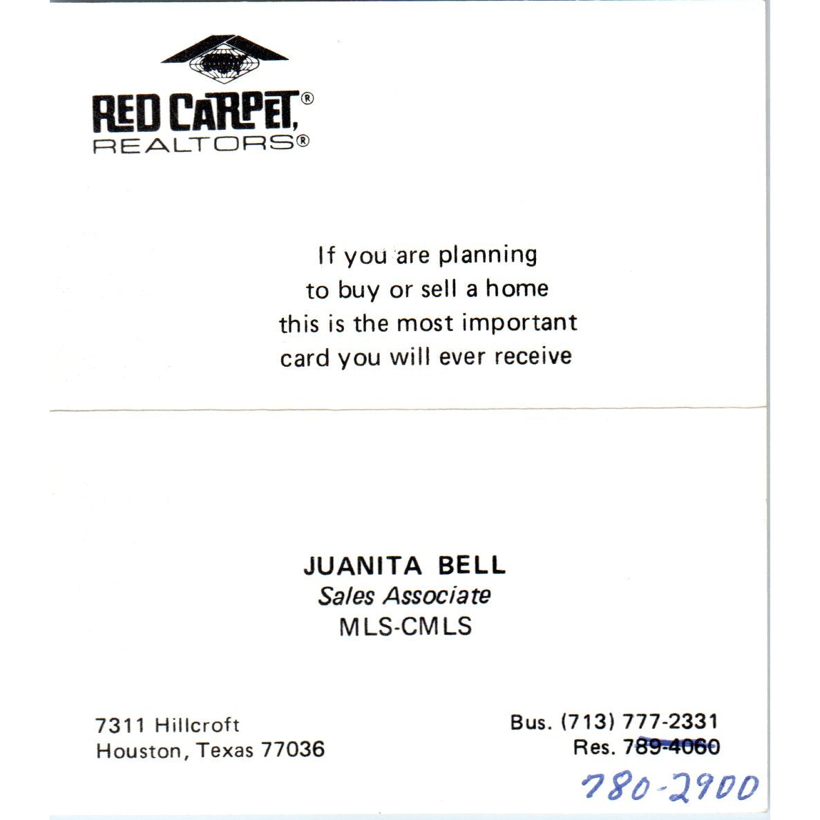 Juanita Bell Red Carpet Realtors Houston TX Vintage Business Card SD4-B5