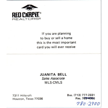 Juanita Bell Red Carpet Realtors Houston TX Vintage Business Card SD4-B5