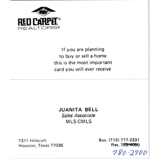 Juanita Bell Red Carpet Realtors Houston TX Vintage Business Card SD4-B5