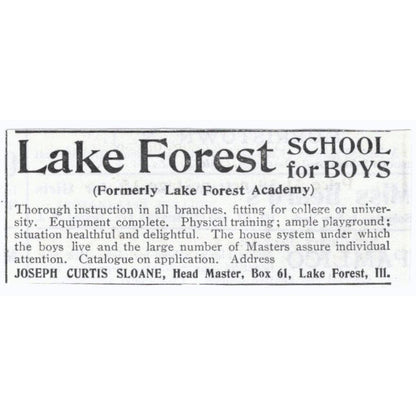 Lake Forest School for Boys Joseph Curtis Sloane IL c1918 Advertisement AE5-SV4