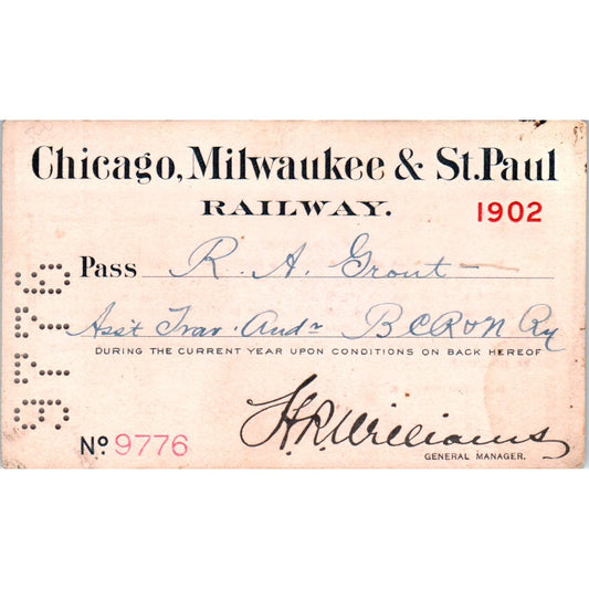 1902 Chicago, Milwaukee & St. Paul Railway Pass R.A. Grout AD8-RS1