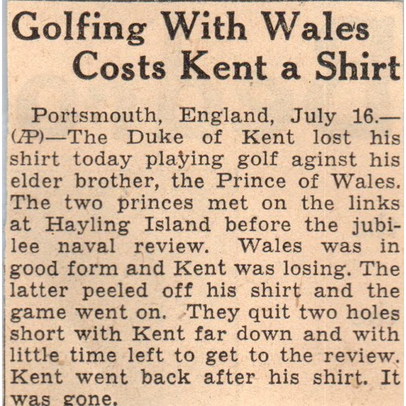 Duke of Kent Golfing 1935 Minneapolis Journal Article AE7-N6