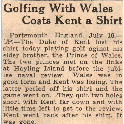 Duke of Kent Golfing 1935 Minneapolis Journal Article AE7-N6