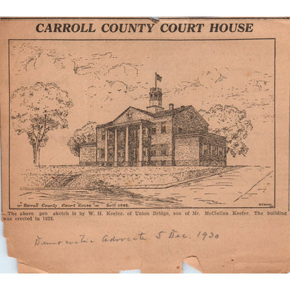 1930 Carroll County Court House Sketch by W.H. Keefer Newspaper Clipping D18