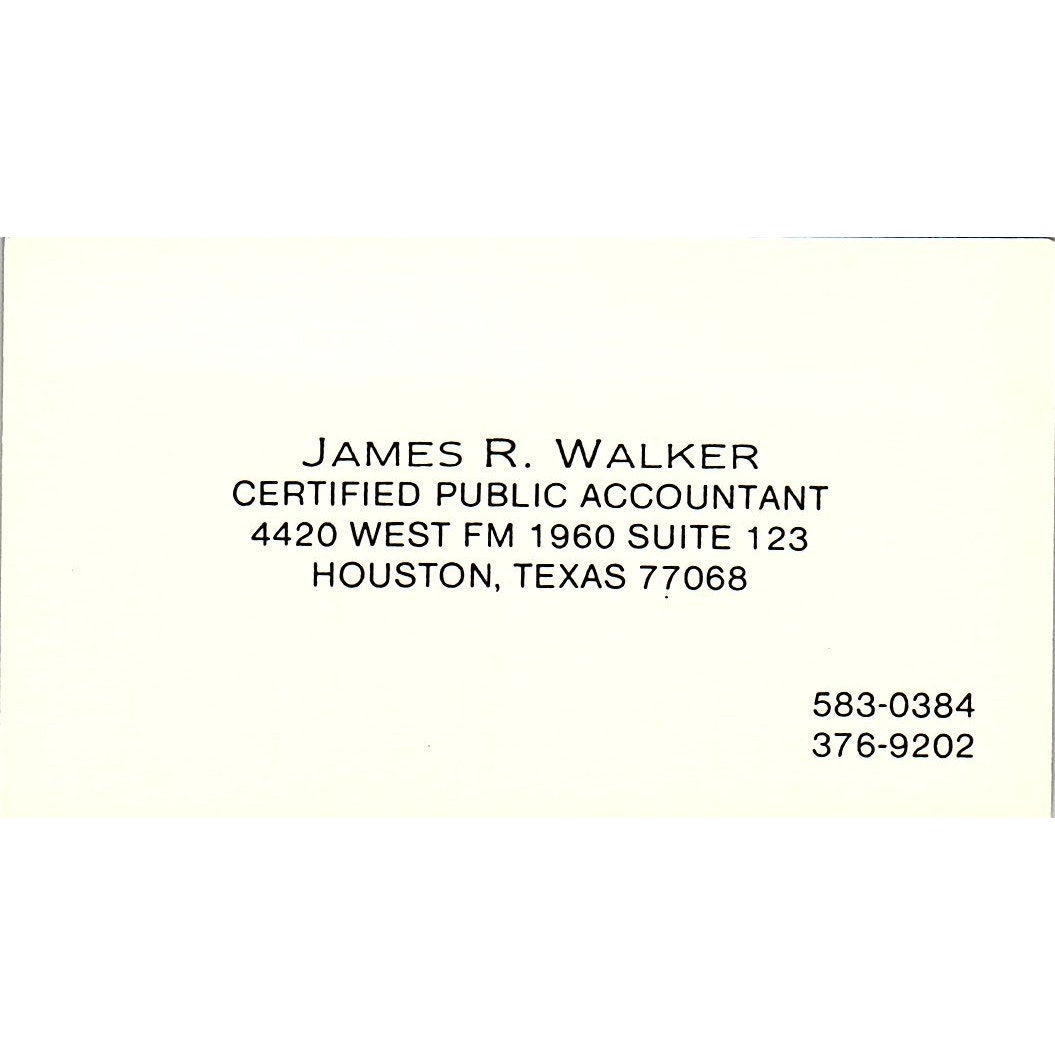 James R Walker CPA Houston TX Vintage Business Card SD9-B1