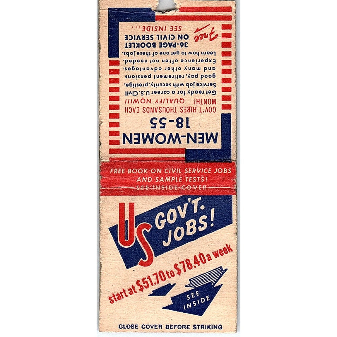 Government Jobs Franklin Institute NY Vintage Matchbook Cover SF3-Y5