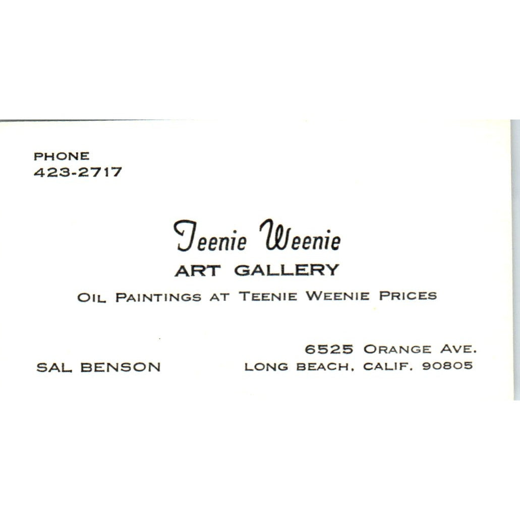 Teenie Weenie Art Gallery Sal Benson Long Beach CA Vintage Business Card SD4-B4