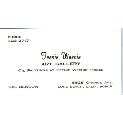 Teenie Weenie Art Gallery Sal Benson Long Beach CA Vintage Business Card SD4-B4