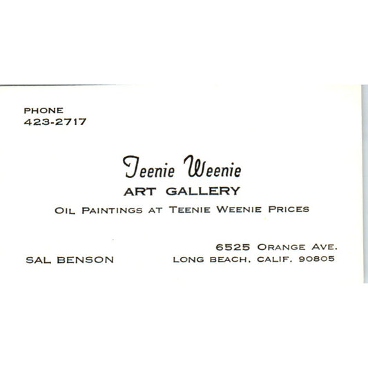 Teenie Weenie Art Gallery Sal Benson Long Beach CA Vintage Business Card SD4-B4