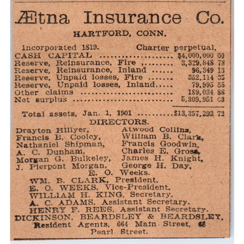 Aetna Ins Co Wm. B. Clark E.O. Weeks Hartford 1901 Newspaper Ad AD8-HS5