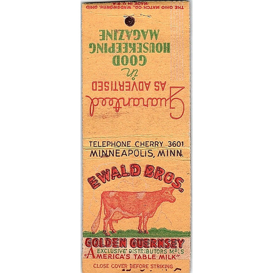 Ewald Bros Golden Guernsey Milk Minneapolis Vintage Matchbook Cover SF3-Y2