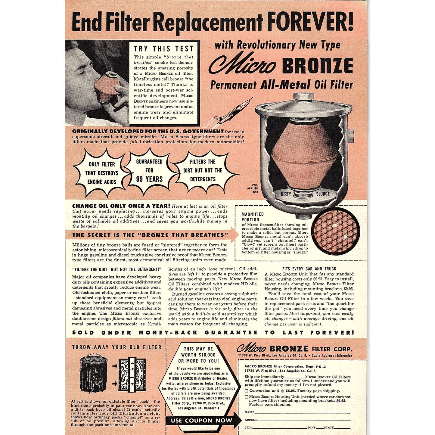 Micro Bronze Permanent All-Metal Oil Filter 1955 Ad AG1-6