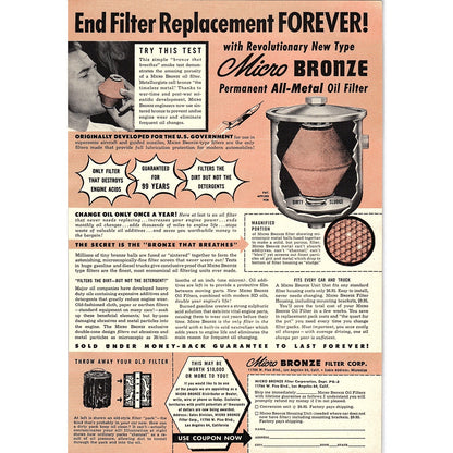Micro Bronze Permanent All-Metal Oil Filter 1955 Ad AG1-6