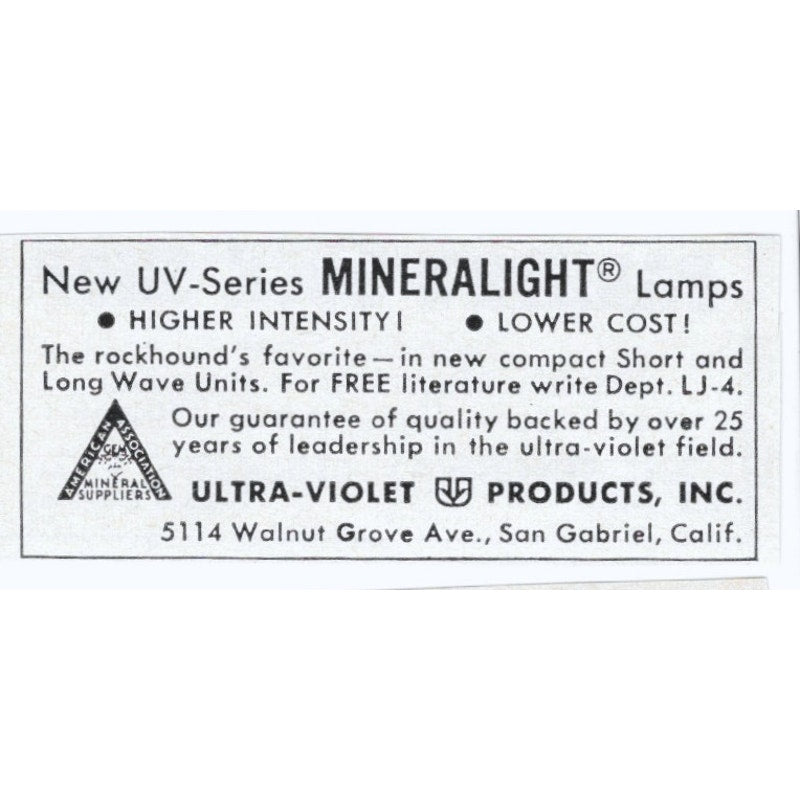 Mineralight Lapidary Lamps Ultra-Violet Products San Gabriel CA 1964 Ad AK6-S9