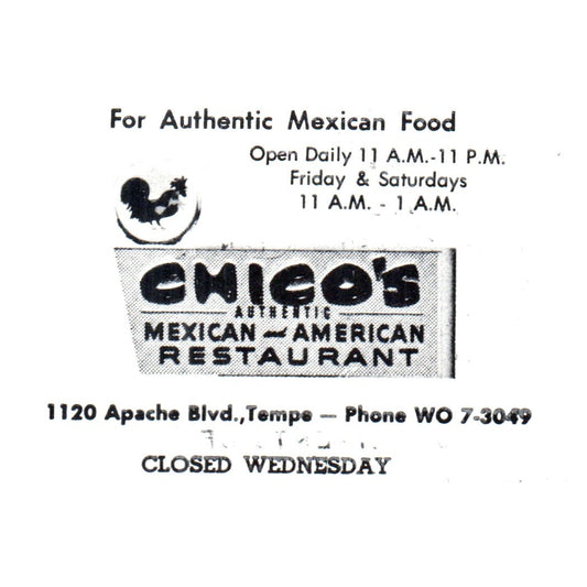 Chico's Mexican-American Restaurant Tempe AZ 1969 Bowling Program Ad AF6-1