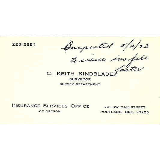C. Keith Kindblade Ins Services of OR Portland OR Vintage Business Card SD9-B8