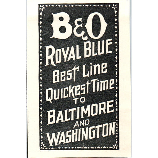 B&O Royal Blue Railroad Baltimore to Washington 1897 Victorian Ad AE9-TS10