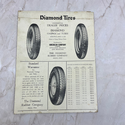 1930 Diamond Tires Dealer Price Card The Diamond Rubber Co Akron OH TF5-L2