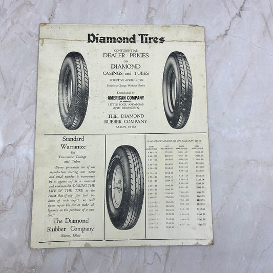 1930 Diamond Tires Dealer Price Card The Diamond Rubber Co Akron OH L4-3