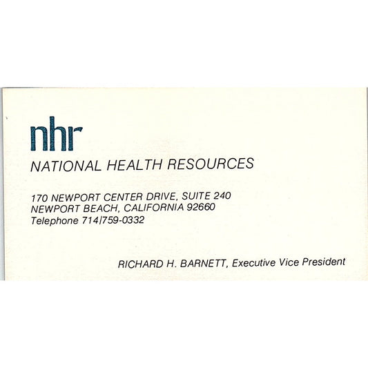 Richard H Barnett National Health Resources Newport Beach Business Card SD9-B10
