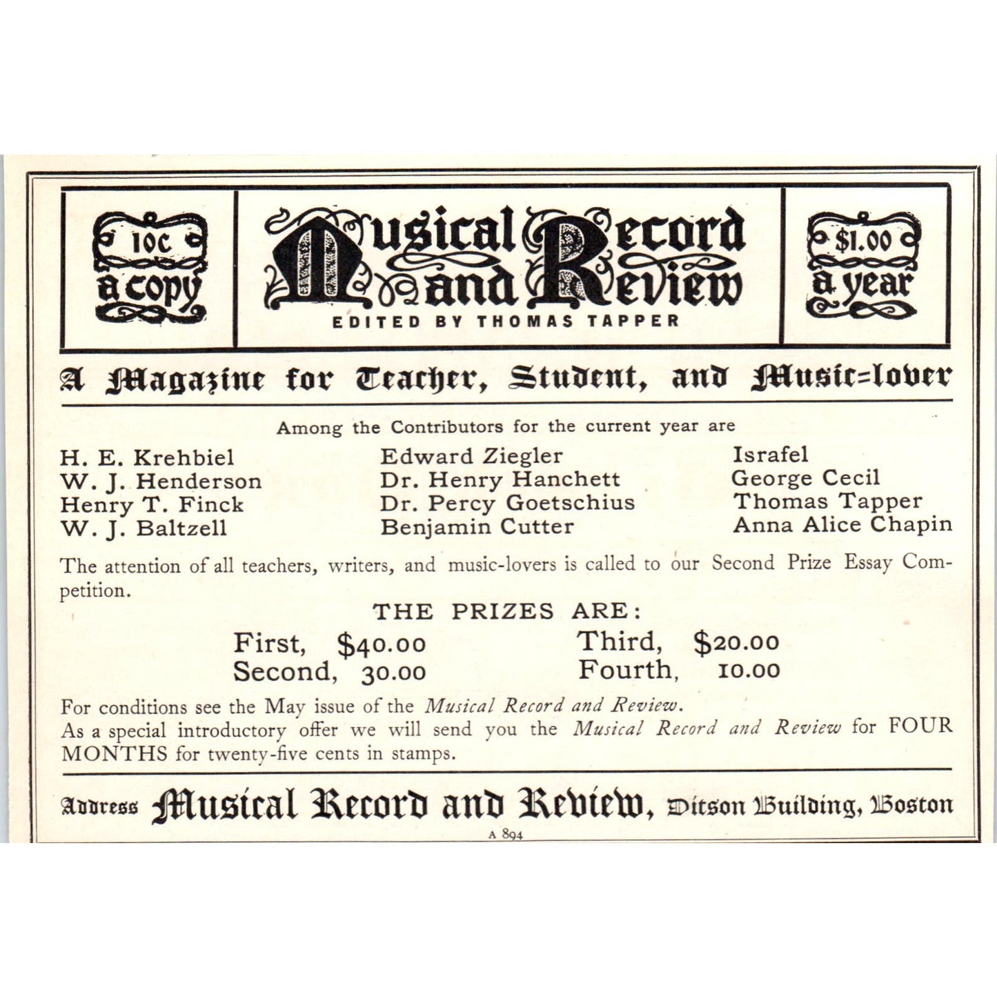 Thomas Tapper Musical Record and Review Boston c1905 Victorian Ad AE9-MA4