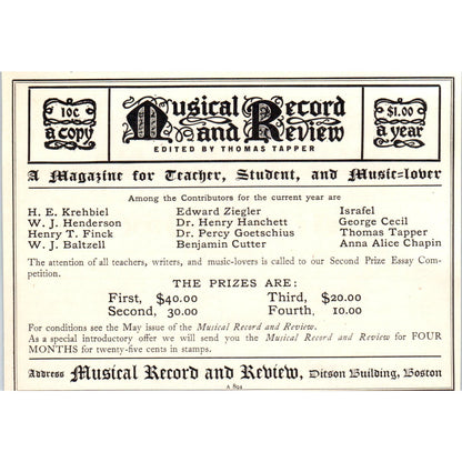 Thomas Tapper Musical Record and Review Boston c1905 Victorian Ad AE9-MA4